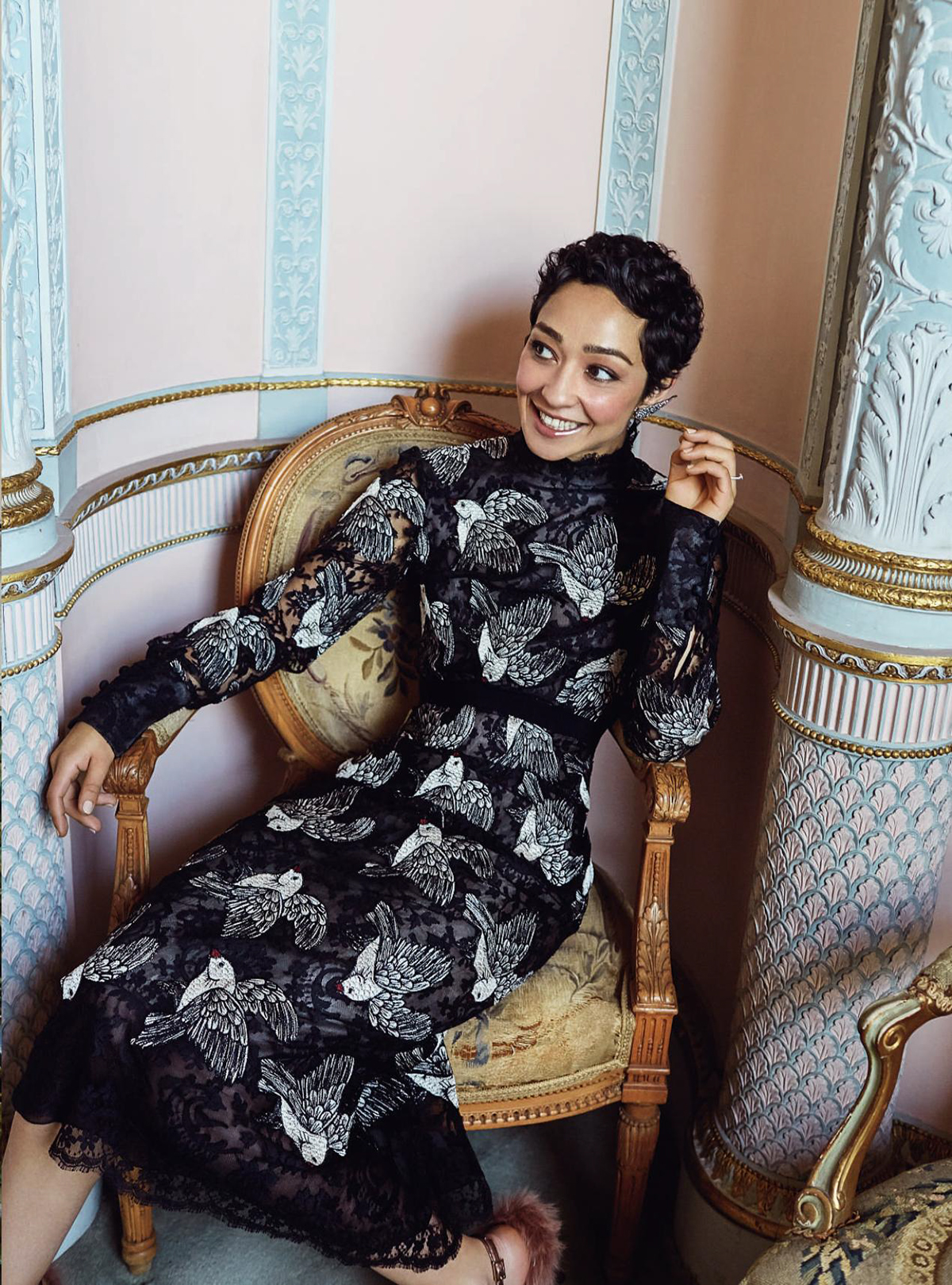 Ruth Negga for Harper's Bazaar December 2017 bird print - little luxury