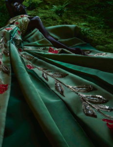 Shanelle Nyasiase by Texama Yeste for Vogue España December 2018 - green gown with embellishments