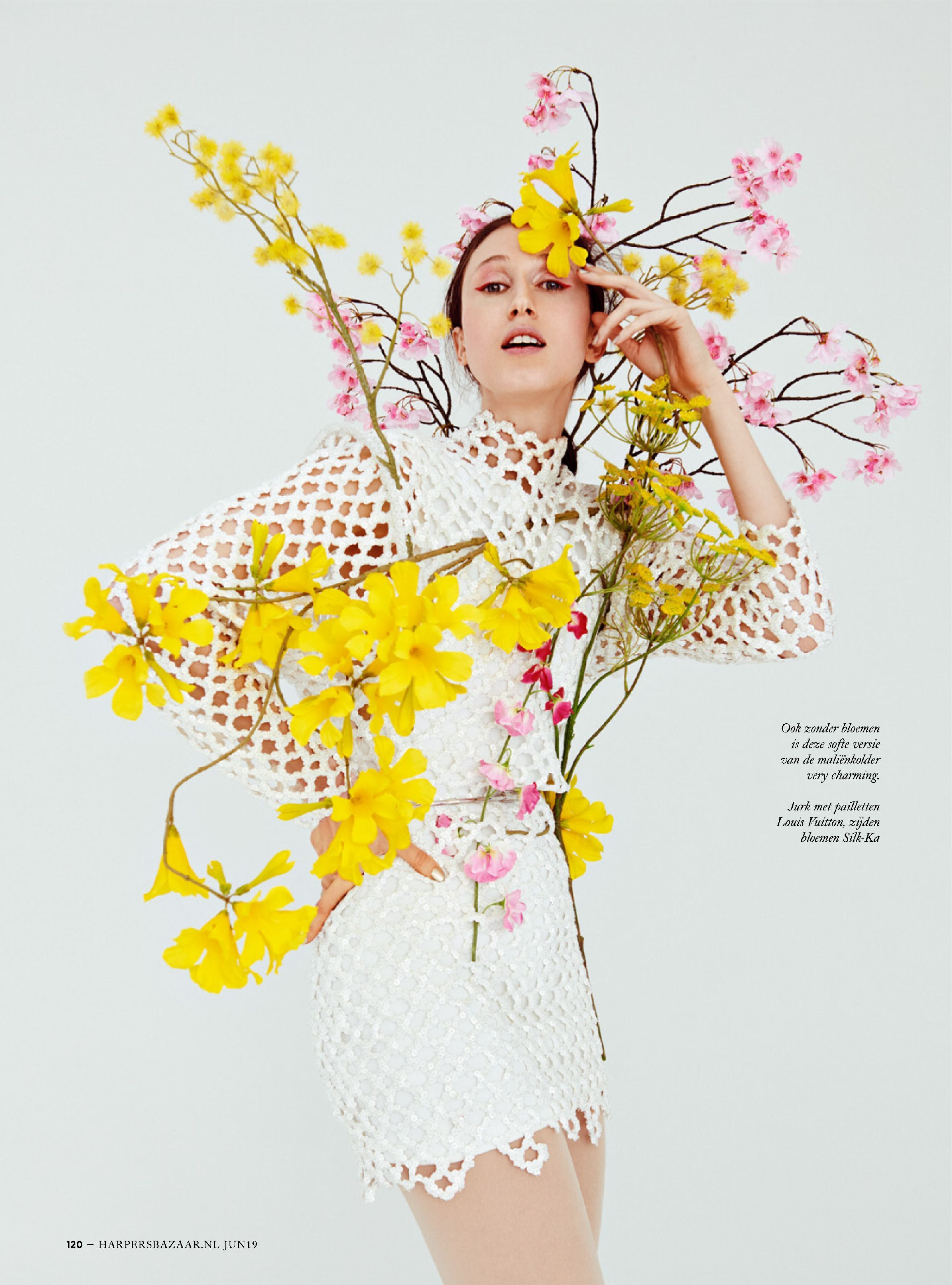 Anna Cleveland for Harper's Bazaar Netherlands June 2019- floral - white Louis  Vuitton dress - little luxury list